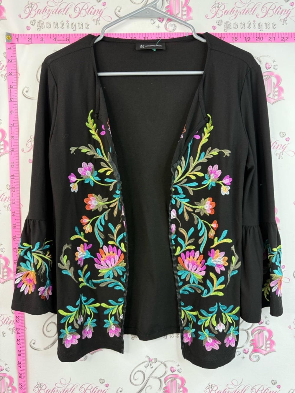 INC International Concepts Black Open Cardigan with Multicolor Floral Embroidery